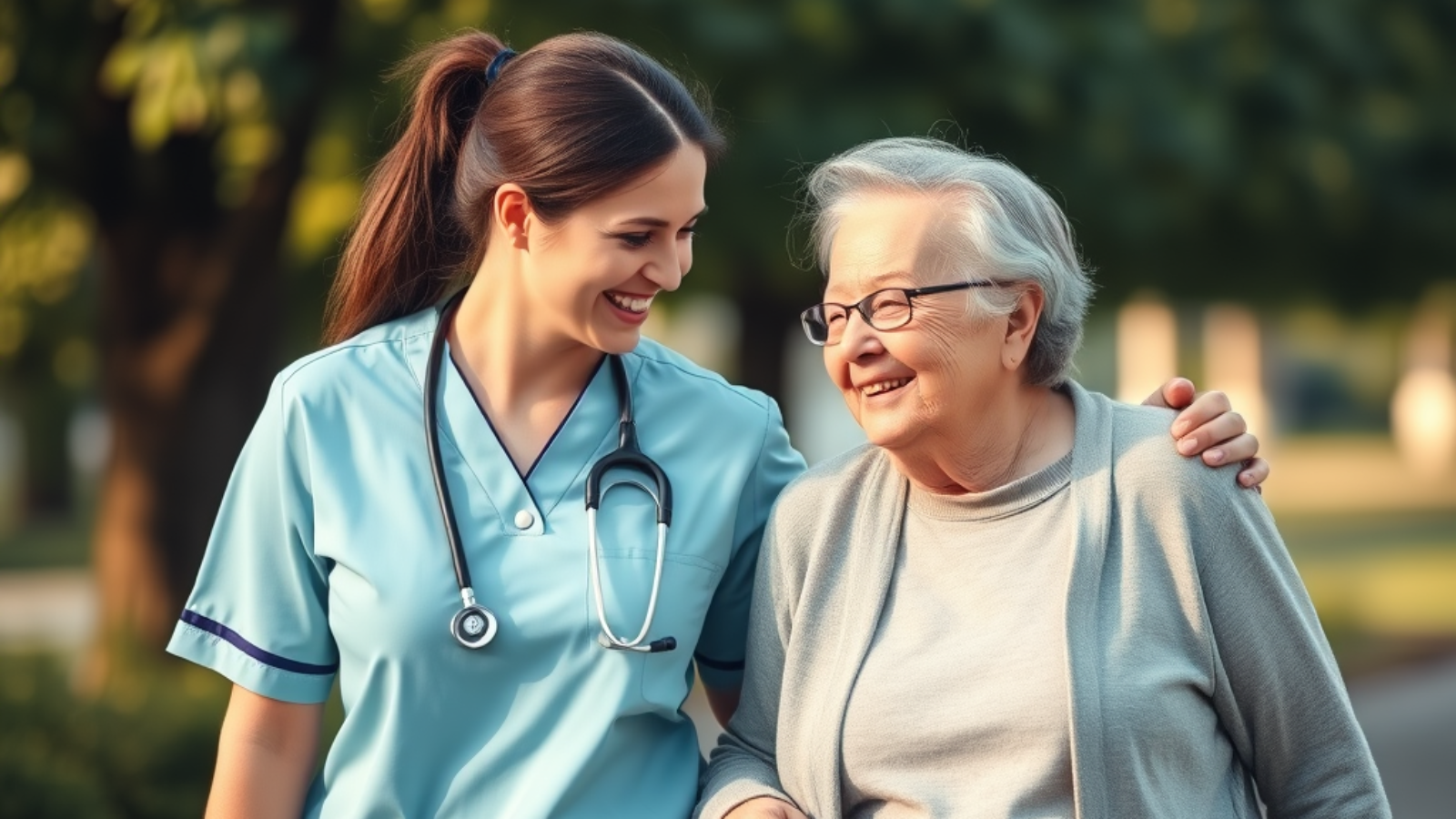 a younger person or nurse helping a senior person to